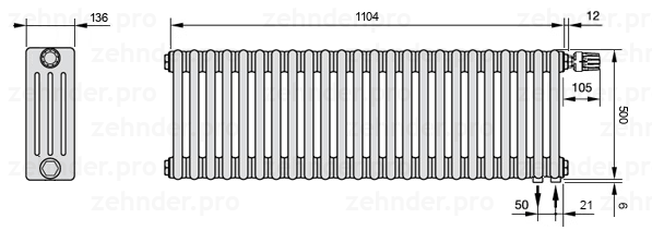 Схема (чертеж) Радиатор Zehnder Charleston 4050/24 №V002 Белый глянцевый RAL 9016